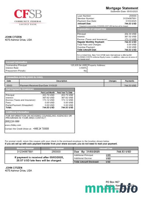 USA Nowy Jork CFSB Bank wyciąg z kredytu hipotecznego w formatach Word i PDF